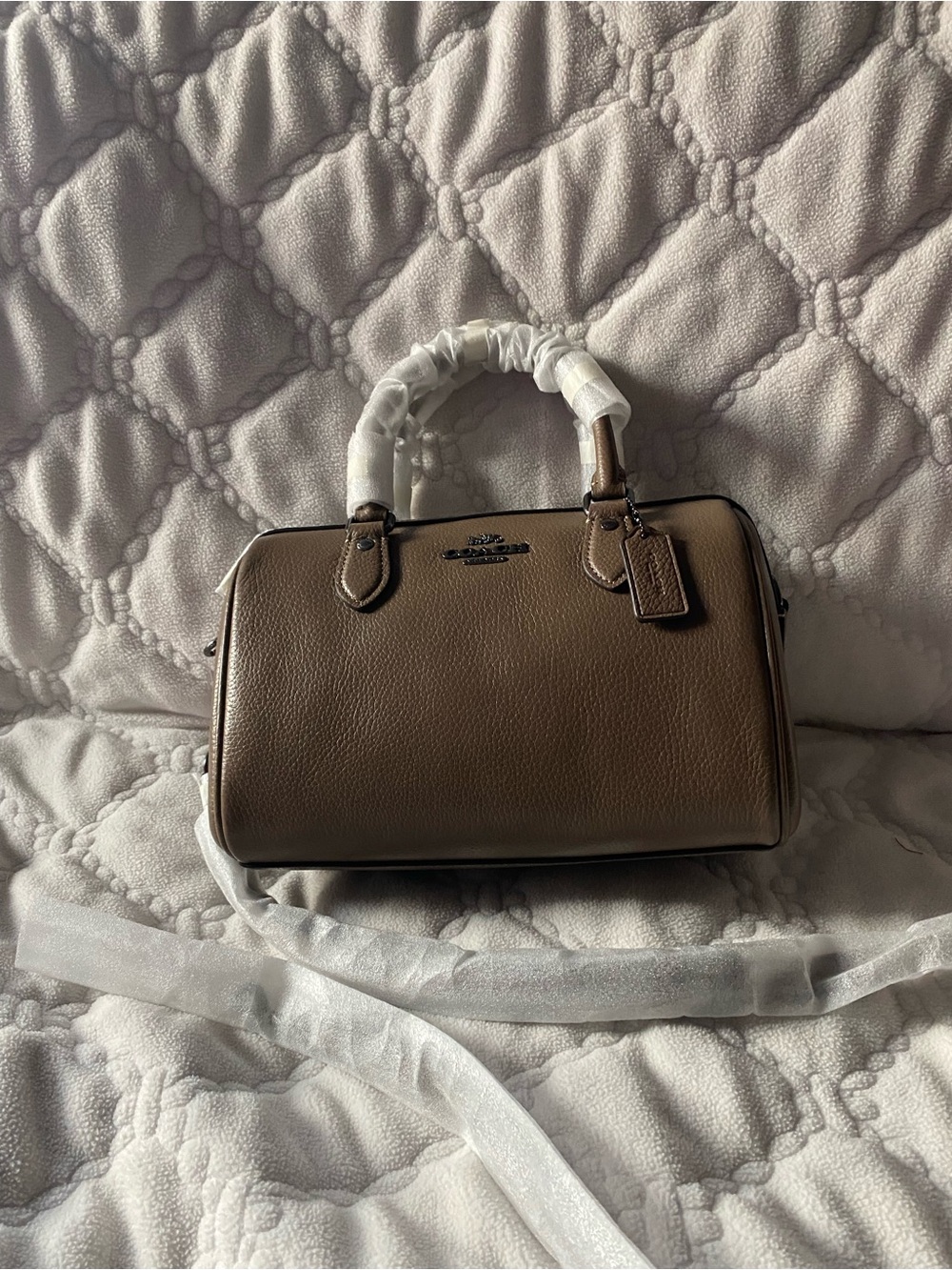 Pebbled Leather Satchel in Taupe with Top Handles - Picture 7 of 7